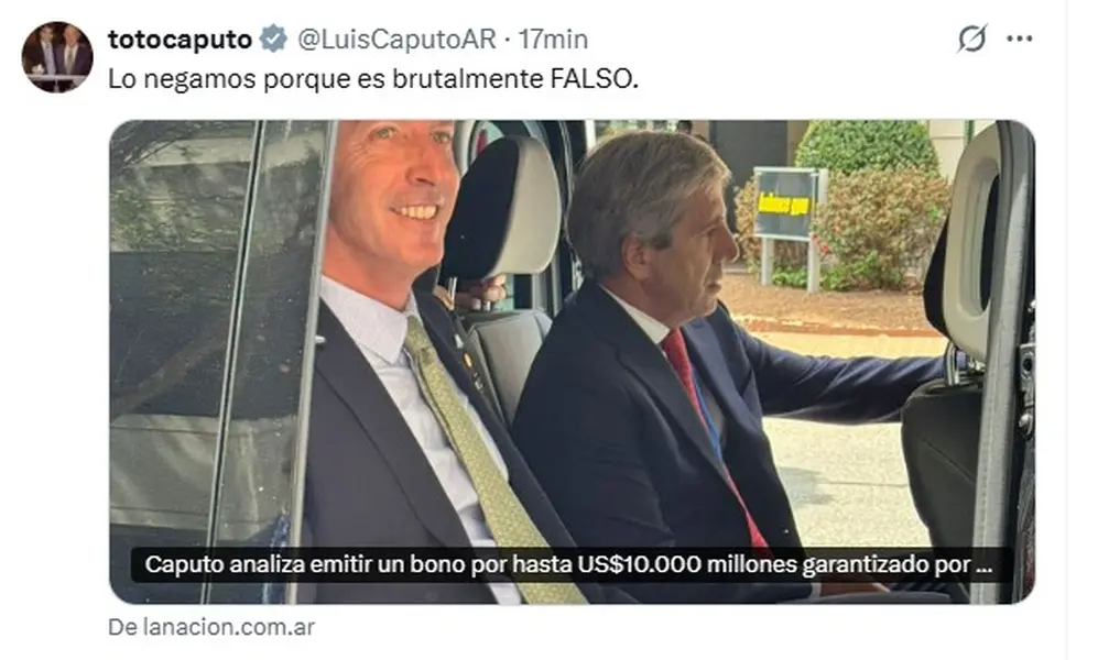 La desmentida de Luis Caputo a la posibilidad de emitir un bono por u$s10.000 millones