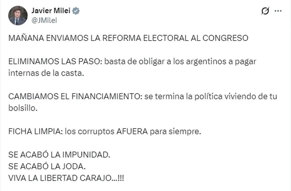 Javier Milei confirmó que enviará al Congreso la reforma electoral