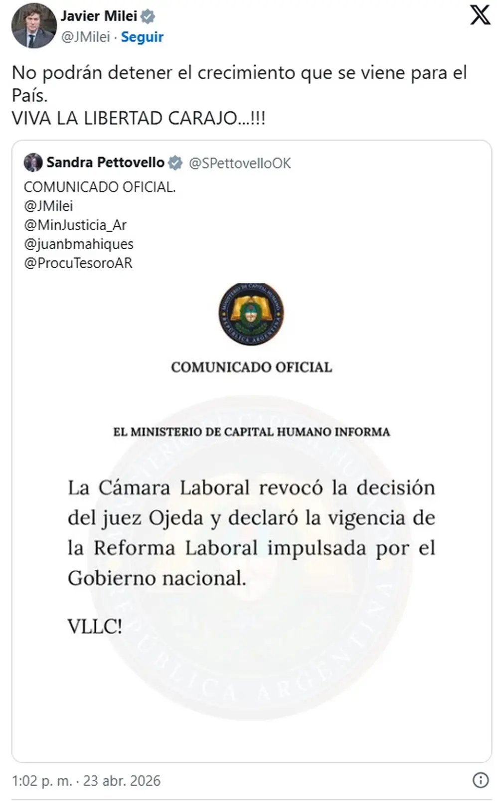 El mensaje de Javier Milei tras el fallo judicial
