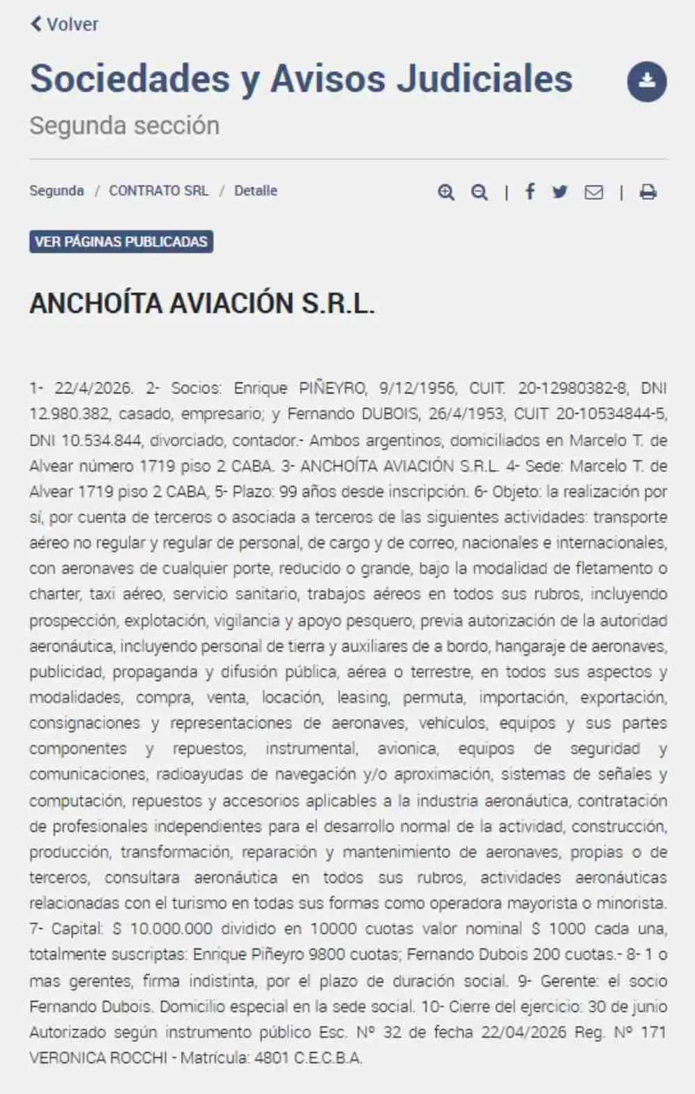 La conformación societaria de Anchoíta Aviación