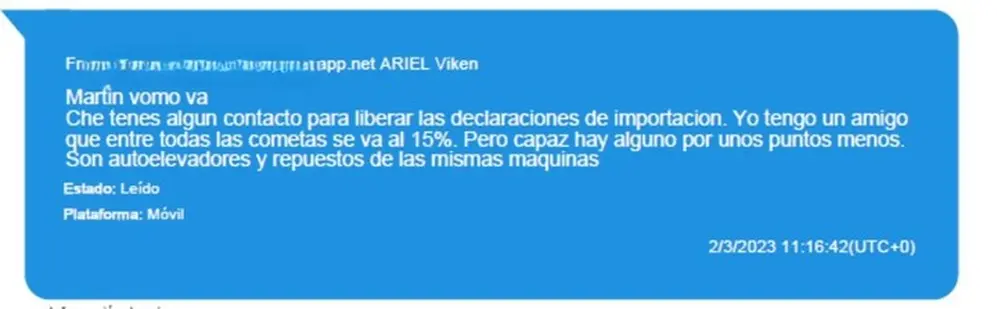 Chat que Saponara le escribió a Migueles