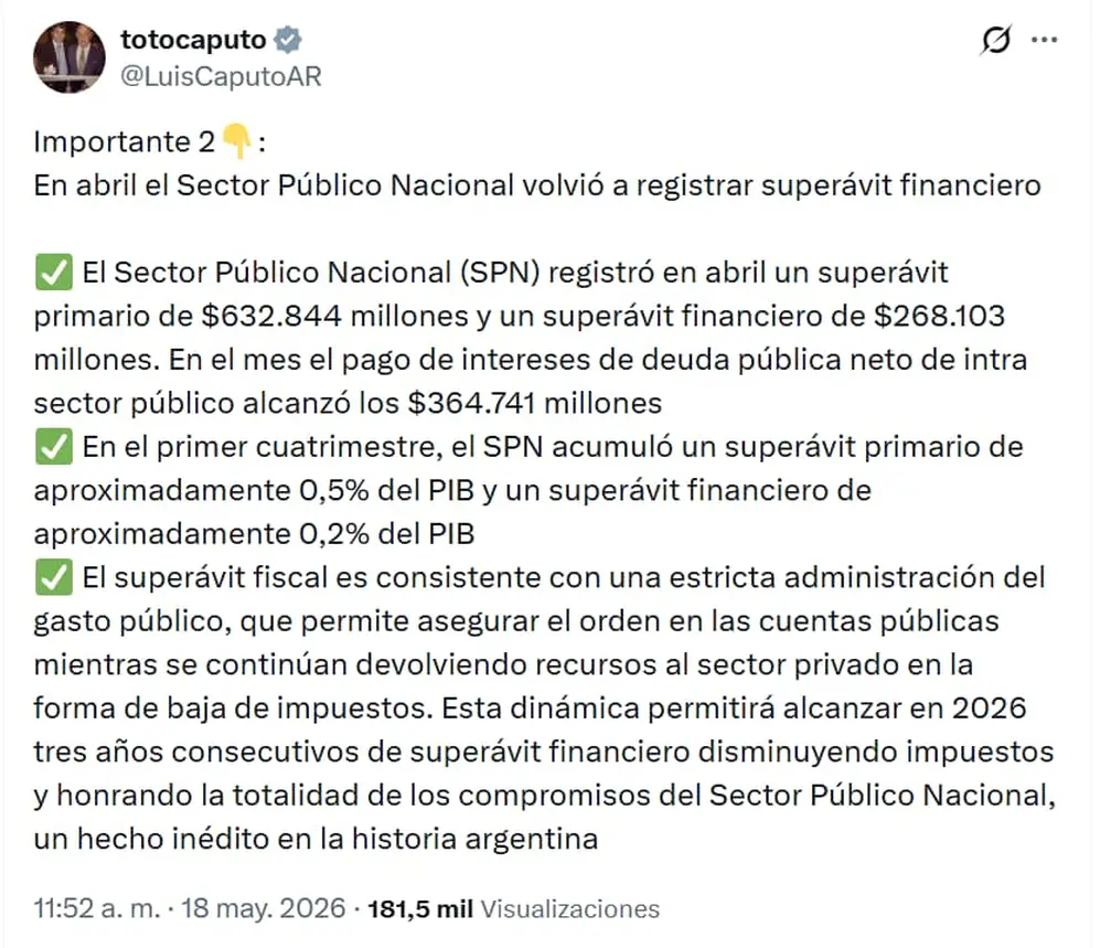 Luis Caputo celebró el superavit de abril 2026.