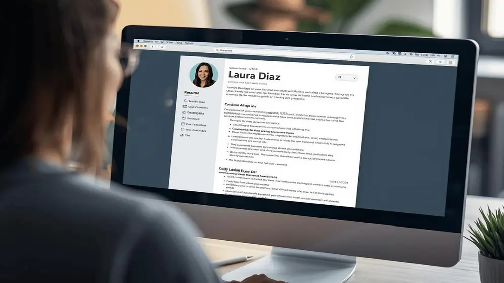 Persona revisa un currículum vitae en la pantalla de una computadora de escritorio.