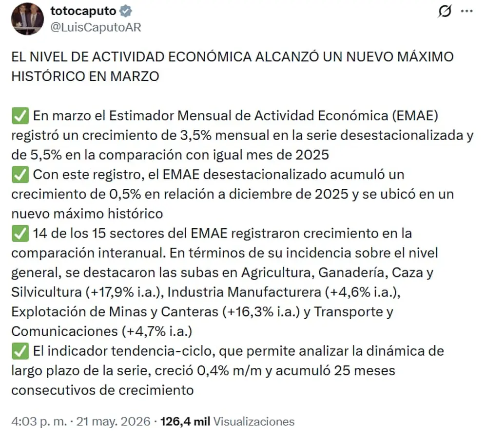 Luis Caputo celebró el dato del Emae de marzo.