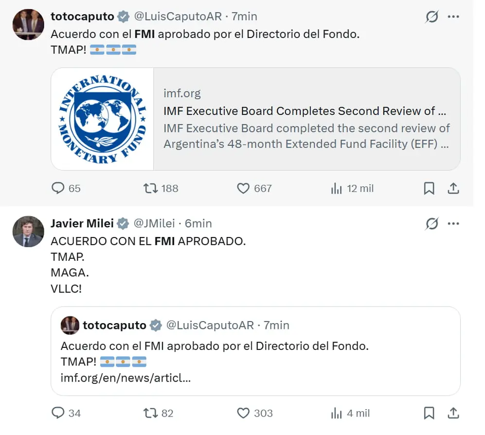 Milei y Caputo celebraron el anuncio del FMI.