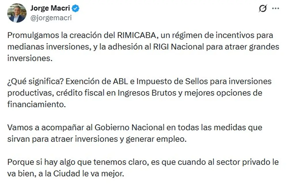Jorge Macri anunció la creación de RIMICABA y la adhesión al RIGI