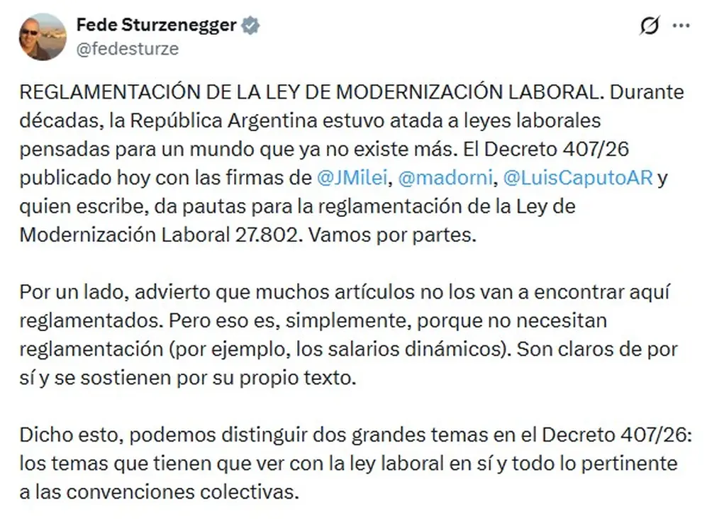 Así comienza el mensaje de Sturzenegger en el que detalla los cambios tras la reglamentación