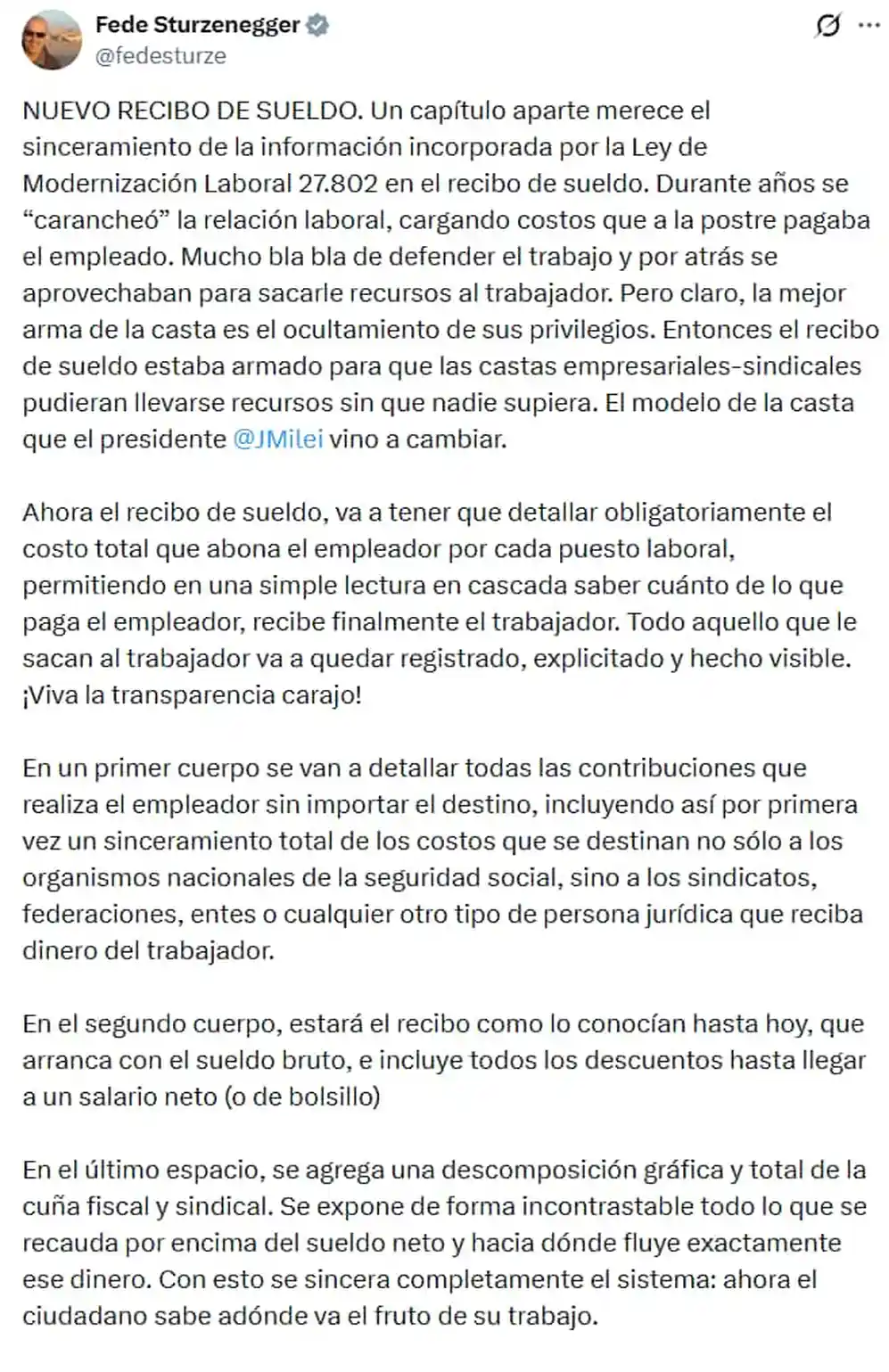 Federico Sturzenegger enumeró detalles sobre el nuevo recibo de sueldo digital.