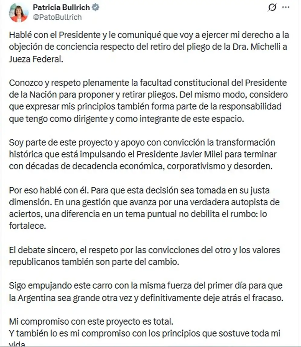 El mensaje de Patricia Bullrich sobre el pliego de la jueza Michelli