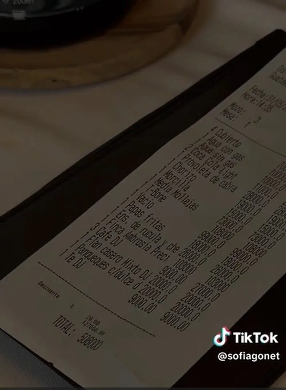 El ticket con el gasto final de una comida para cuatro en Don Julio