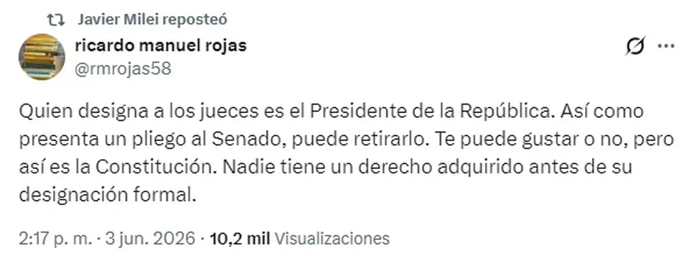 El mensaje que reposteó Javier Milei sobre la polémica por el pliego de Michelli