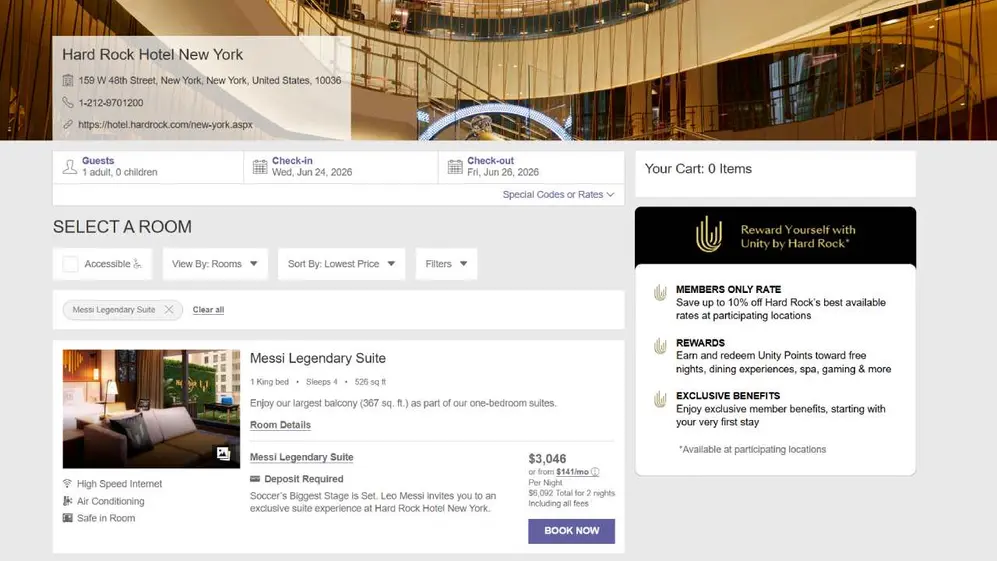 La suite de Messi en los hoteles de Hard Rock en Estados Unidos vale 3000 dólares por noche