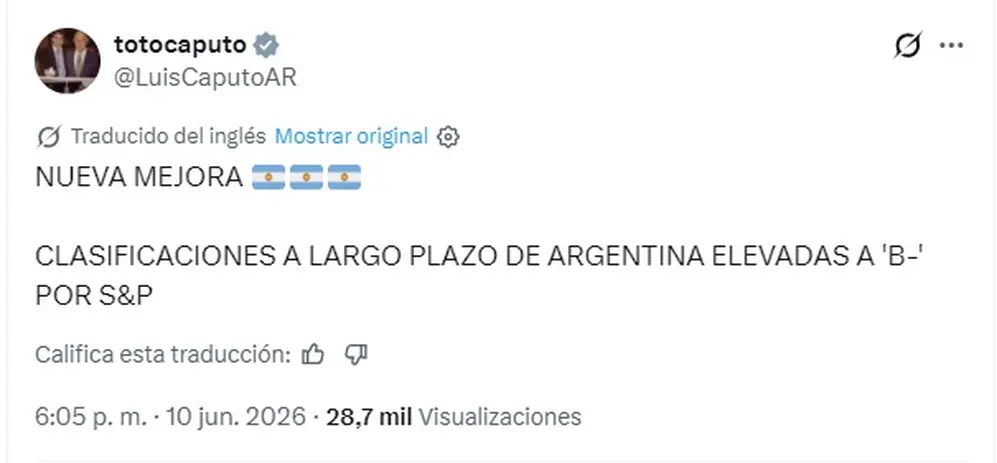 El tui de Luis Caputo sobre la mejora en la calificación de S&P