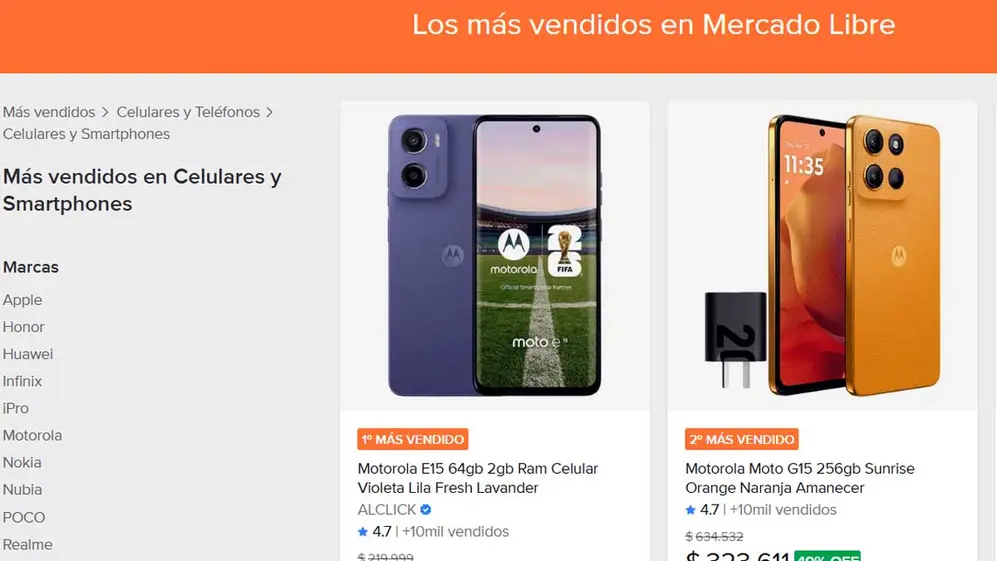 El Moto E15 es el celular Motorola más vendido en Mercado Libre.