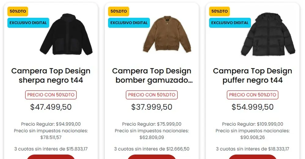 Algunas de las camperas con 50% de descuento en supermercado Coto