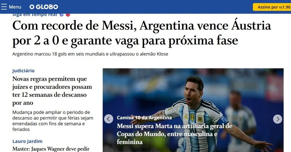 El brasiñelo O Globo también mostró el triunfo de Argentina