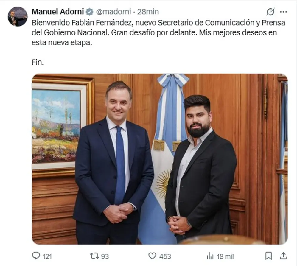 El mensaje de Manuel Adorni para  confirmar al nuevo secretario de Comunicación
