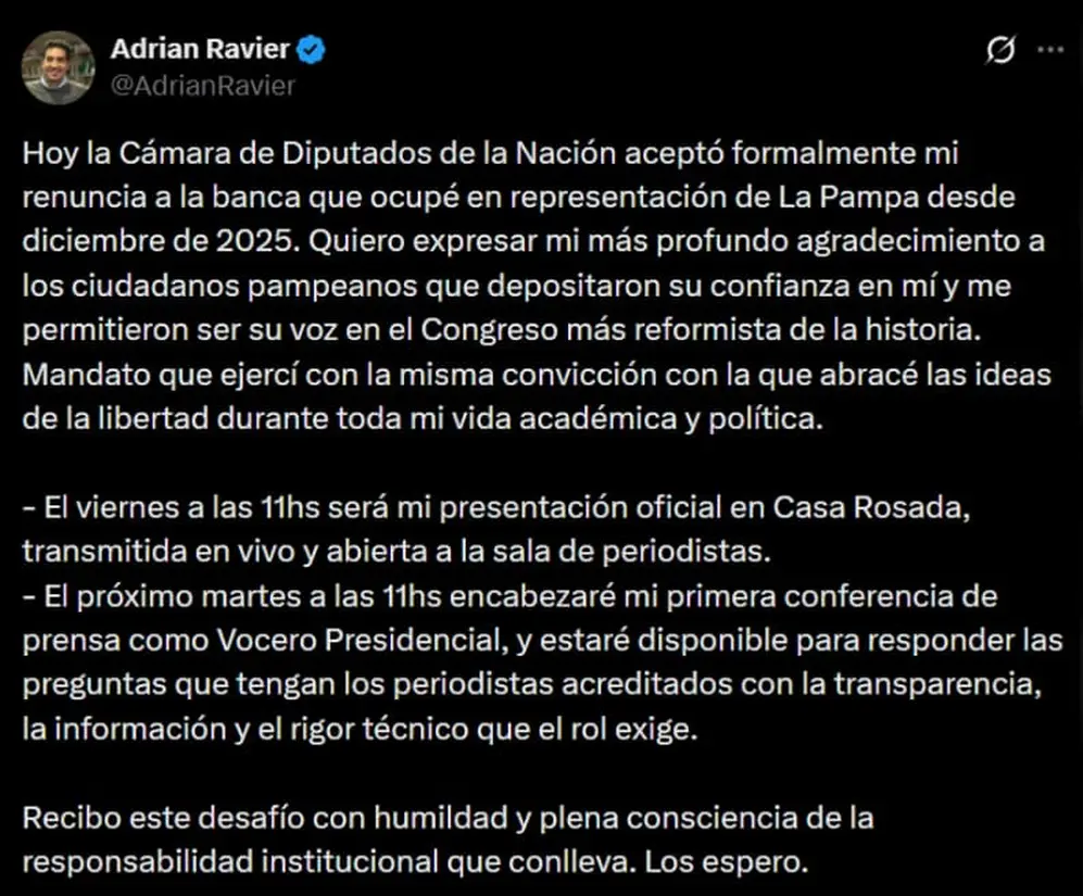 El nuevo vocero, Adrián Ravier, dialogará con los periodistas de Casa Rosada este martes.