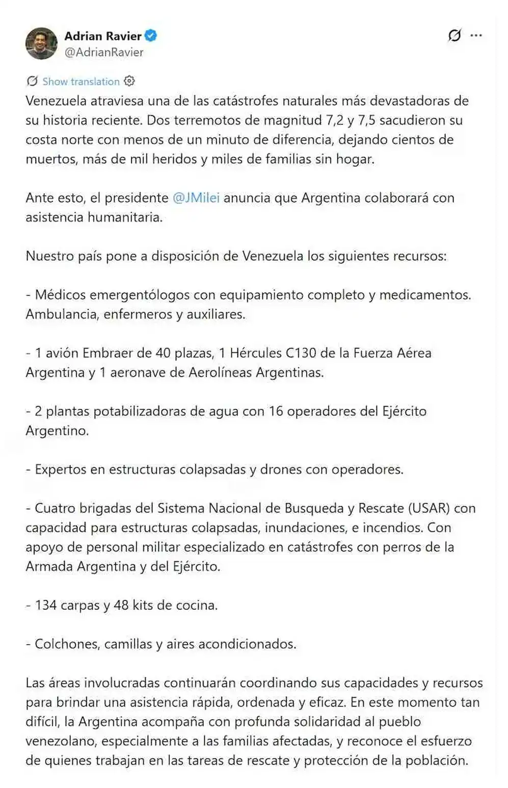El mensaje del nuevo vocero sobre el envío de ayuda humanitaria a Venezuela
