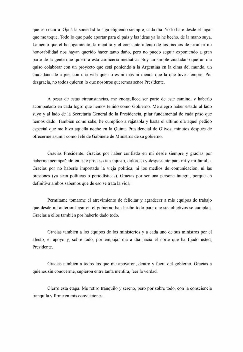 El final de la carta de Manuel Adorni