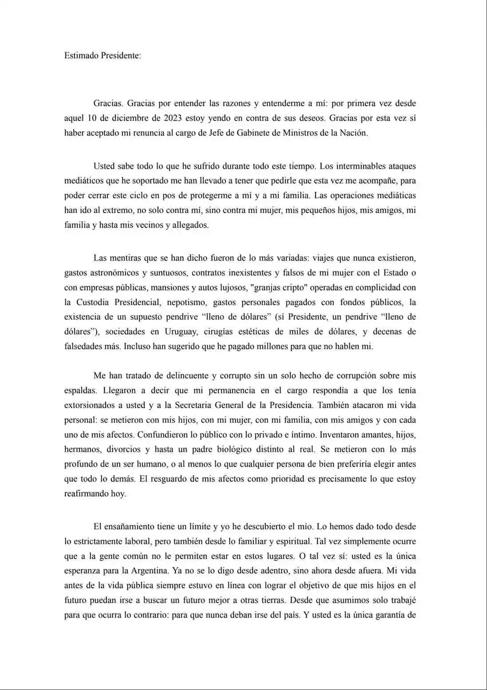 La carta que Adorni envió a Milei para renunciar