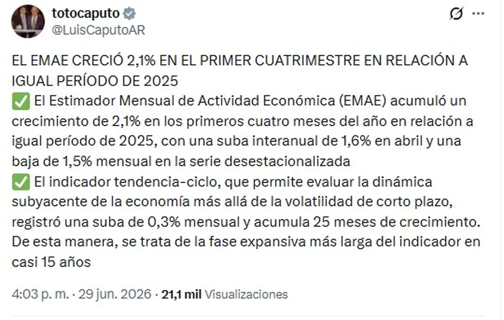 El mensaje de Luis Caputo tras el dato de EMAE