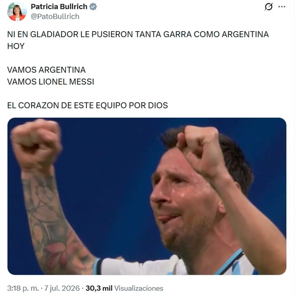 Patricia Bullrich celebró el triunfo de Argentina en sus redes sociales.