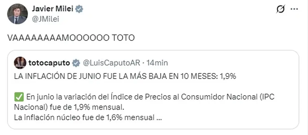 Javier Milei celebró el dato de inflación más bajo en 10 meses