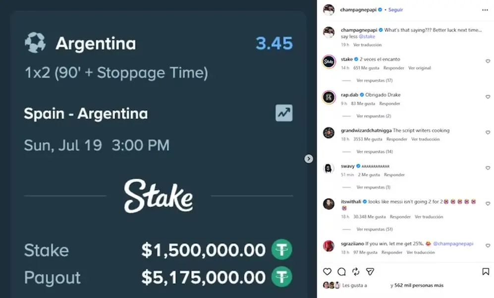 Drake perdió 1,5 millones de dólares tras apostar por Argentina en la final del Mundial 2026