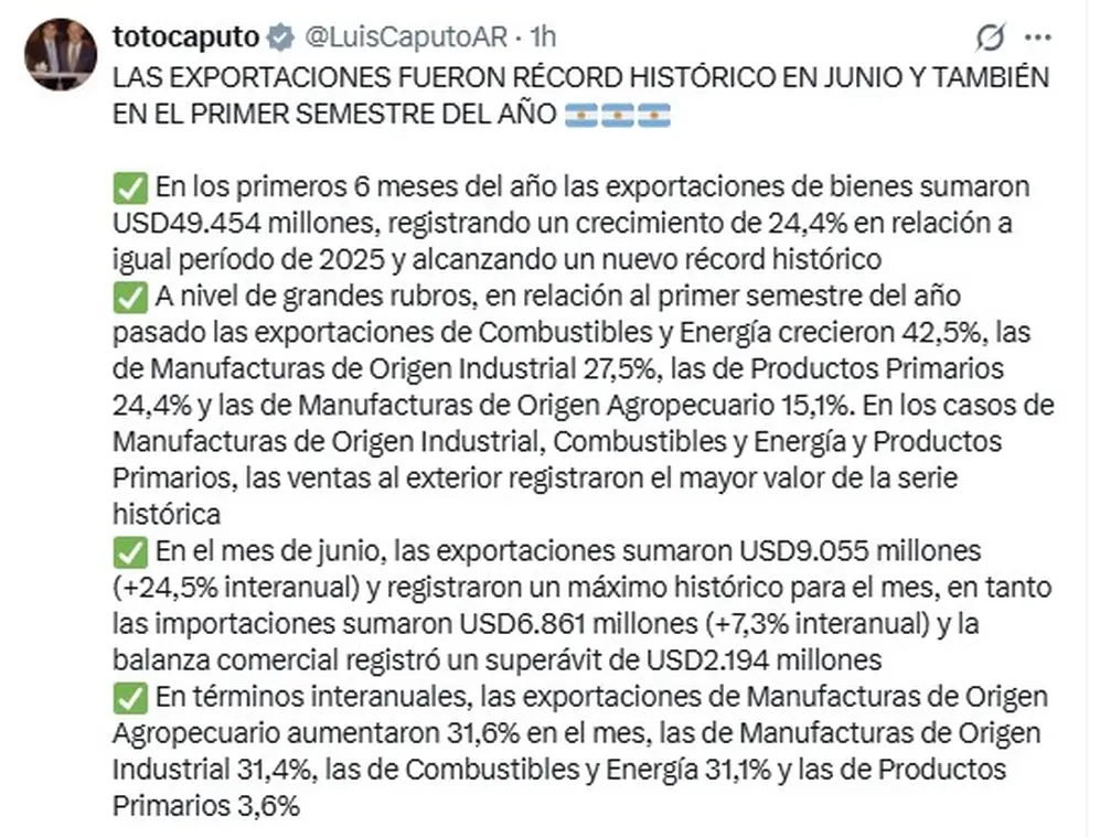 El mensaje de Luis Caputo sobre la balanza comercial