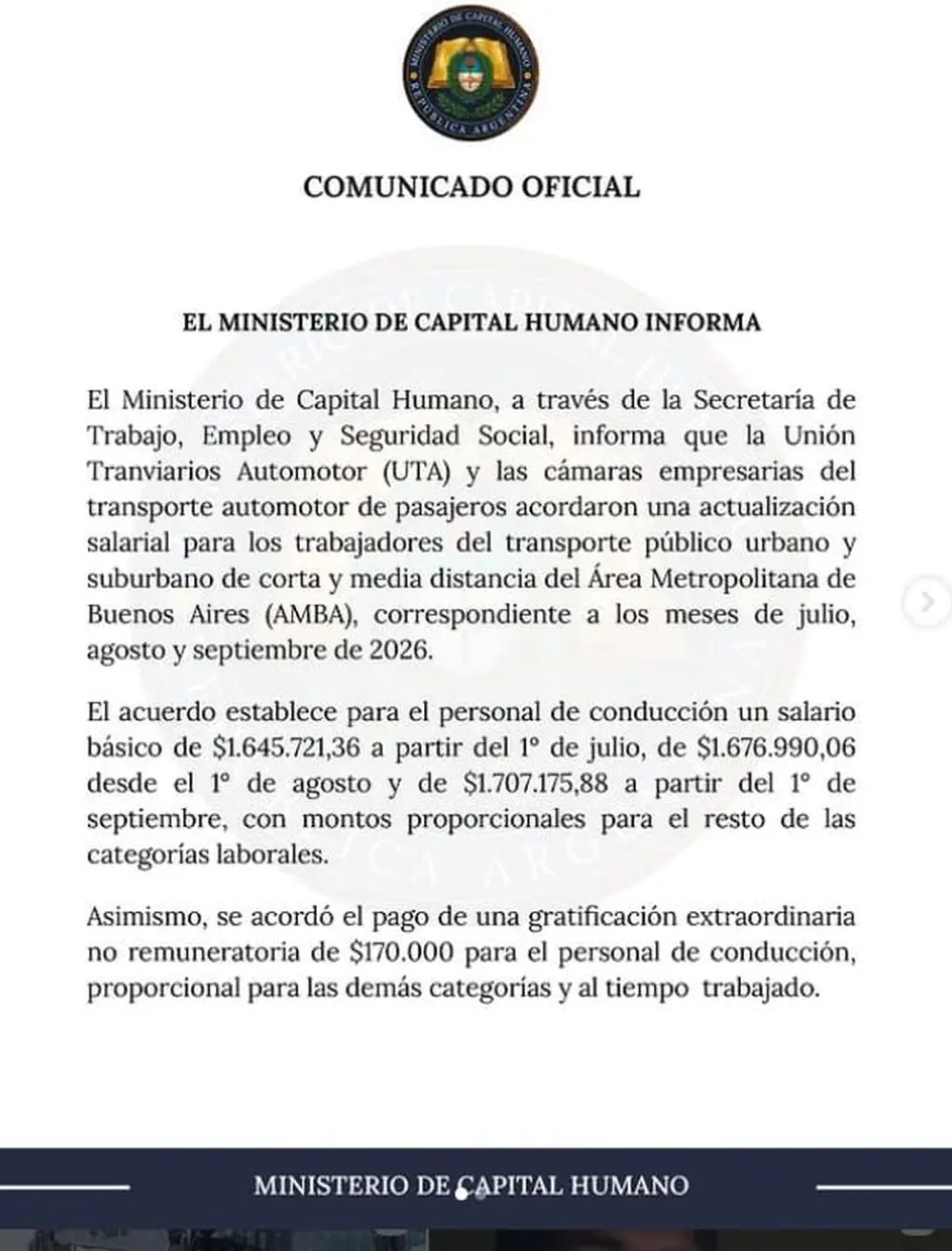 Gobierno homologó la paritaria de la UTA con aumento salarial y bono para choferes de colectivos