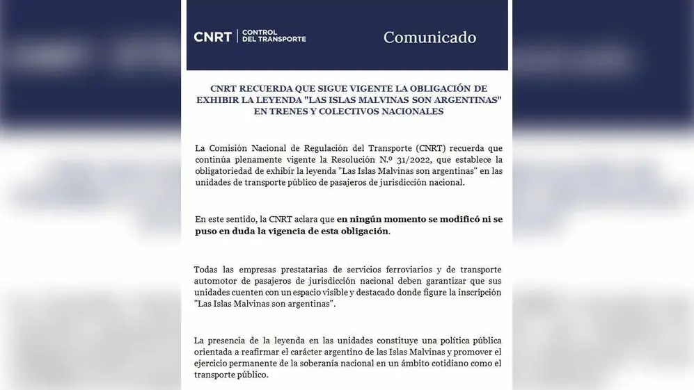 El comunicado de la CNRT sobre la obligación de exhibir el mensaje sobre Malvinas en colectivos y