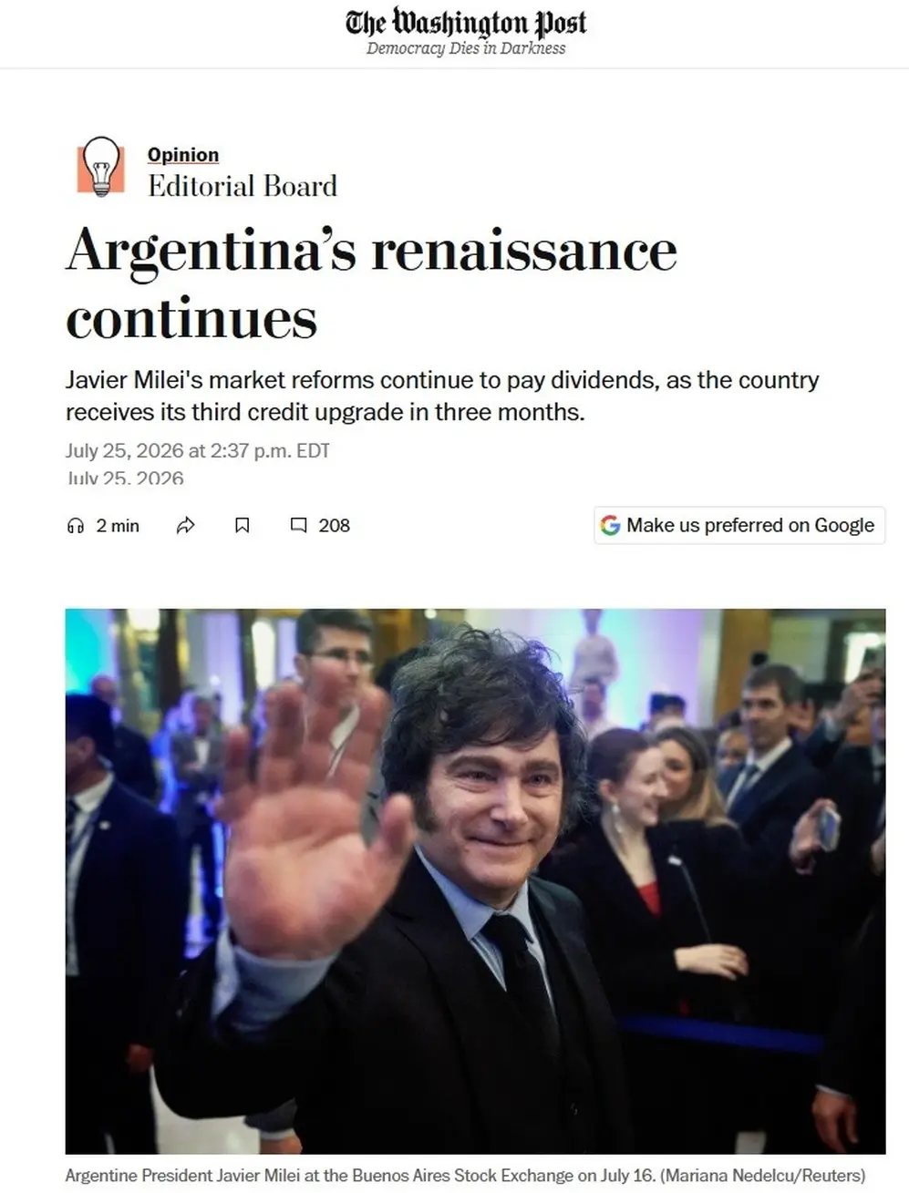 La editorial de The Washington Post sobre la economía argentina