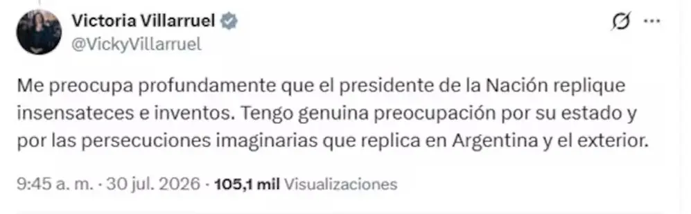 El tuit de Villarruel con una fuerte crítica a Javier Milei