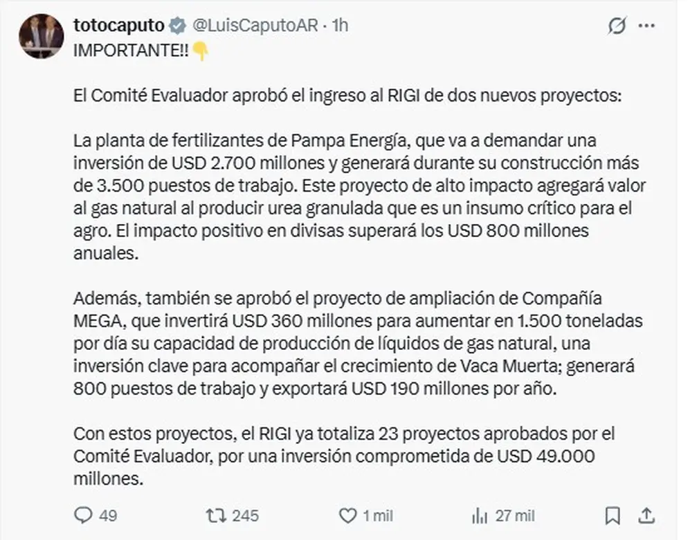 Luis Caputo anunció el RIGI de Pampa Energía