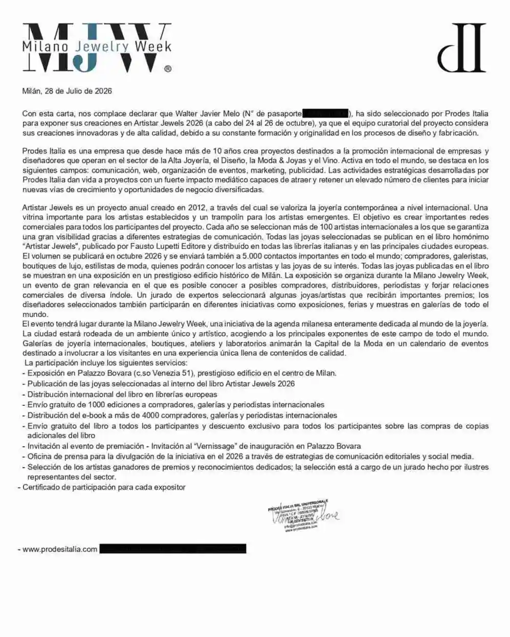 La carta que recibió Walter Melo y que le confirmó su selección para participar de la Milano Jewelry