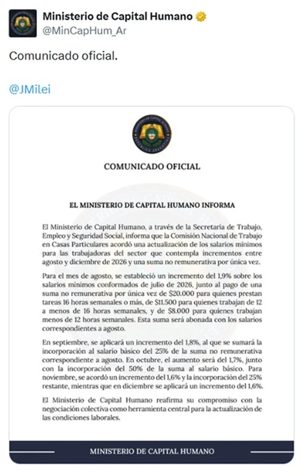 Se acordó un nuevo aumento de sueldo para empleadas domésticas de agosto a diciembre 2026