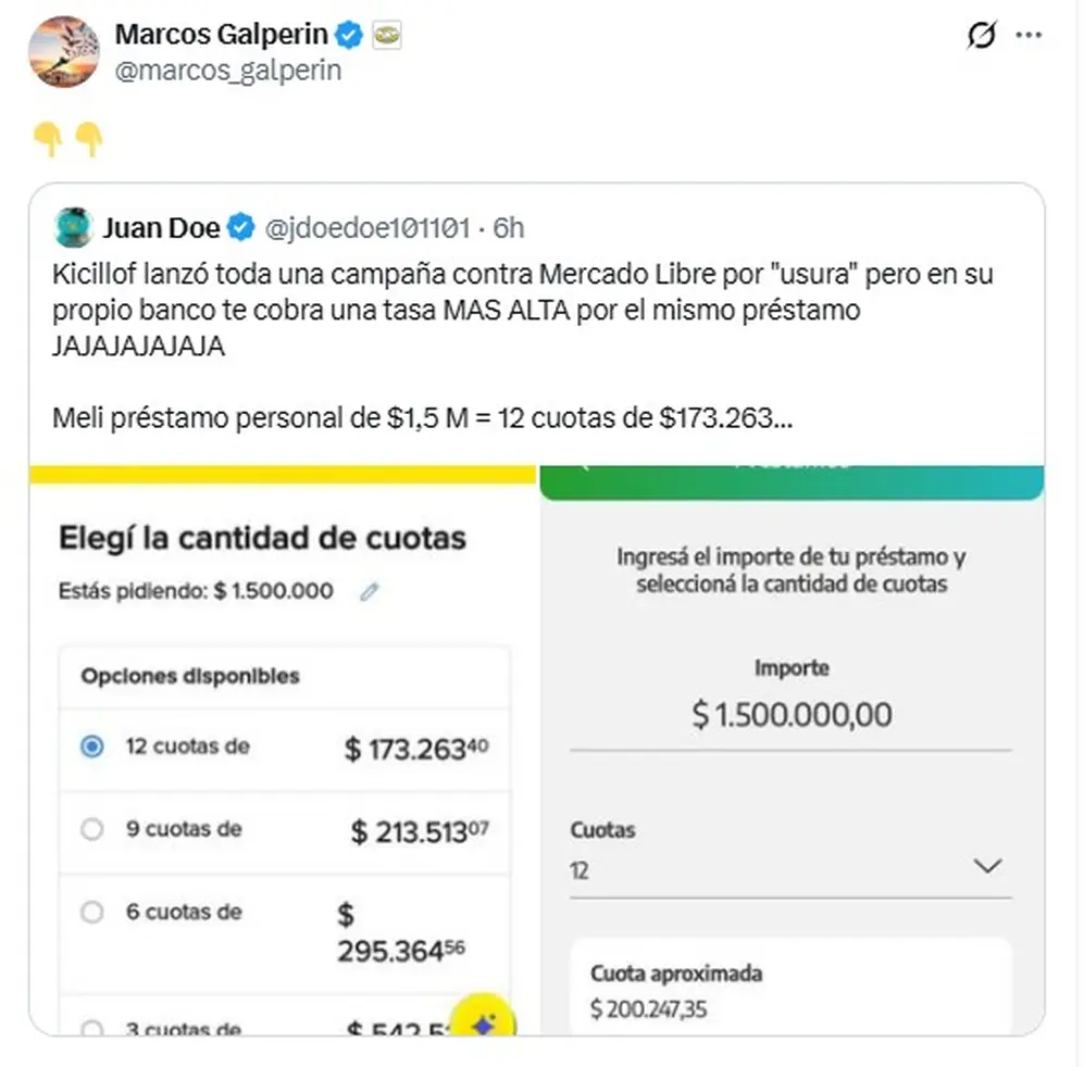 Galperin reposteó un mensaje que decía que el Banco Provincia cobra tasas más altas que Mercado Pago