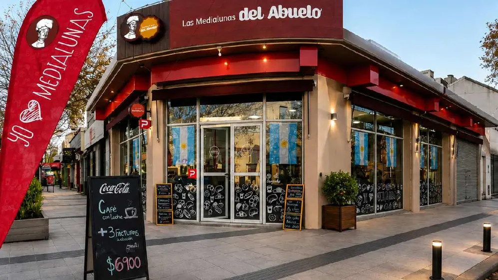 Frente de un local de la cadena Las Medialunas del Abuelo con carteles con promociones