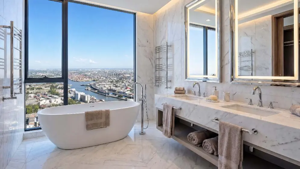 Baño de mármol blanco con bañera y un ventanal con vista de día a Puerto Madero