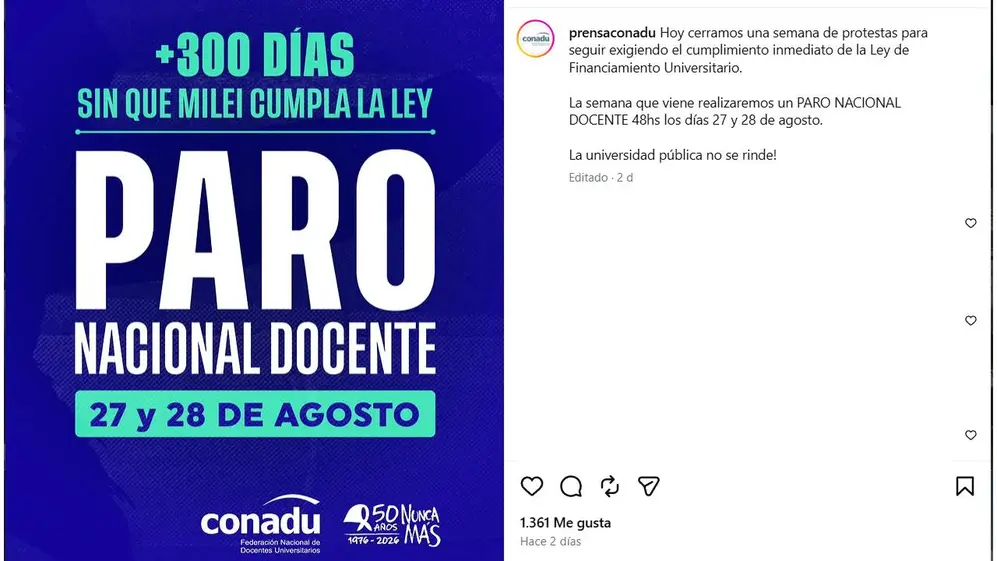 El posteo en redes de la Federación Nacional de Docentes Universitarios sobre el paro de esta semana