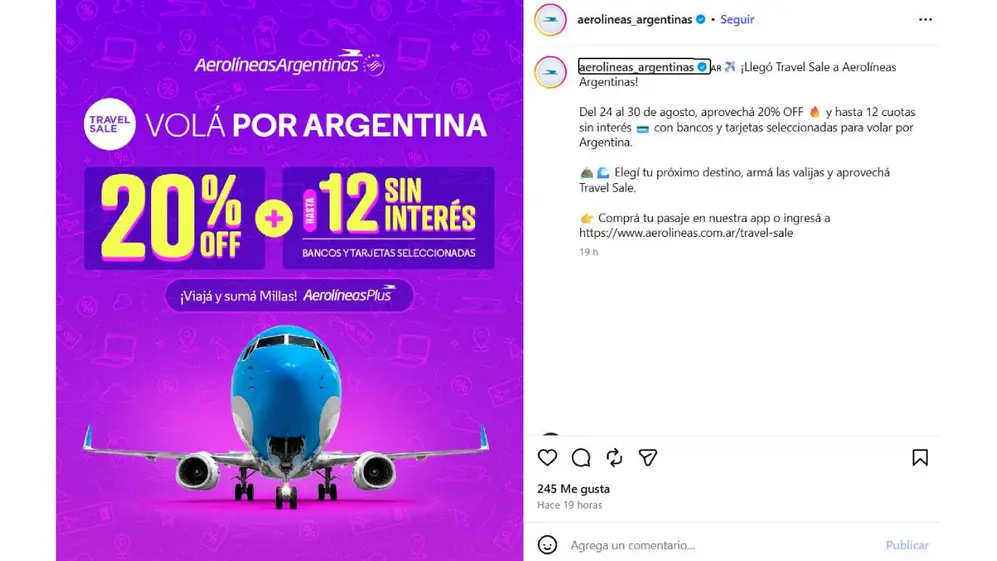 Por el Travel Sale 2026, Aerolíneas Argentinas ofrece 20% de descuento en sus pasajes locales e inte