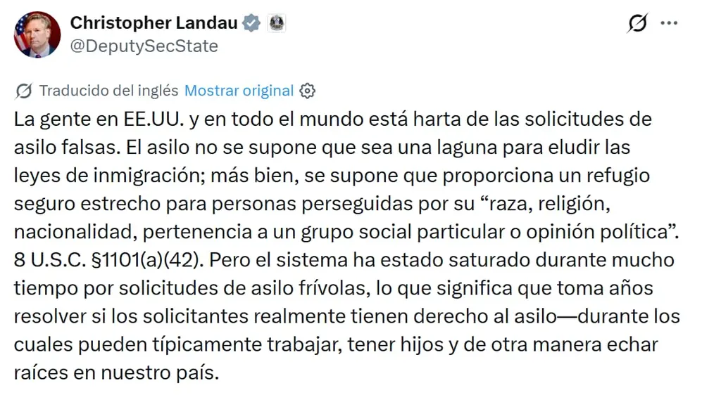 Parte del mensaje que Cristopher Landau publicó en su cuenta oficial de X, sobre el tema.