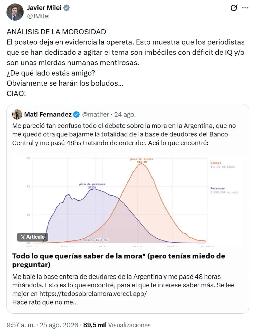 El mensaje de Javier Milei, en pleno debate por la morosidad.