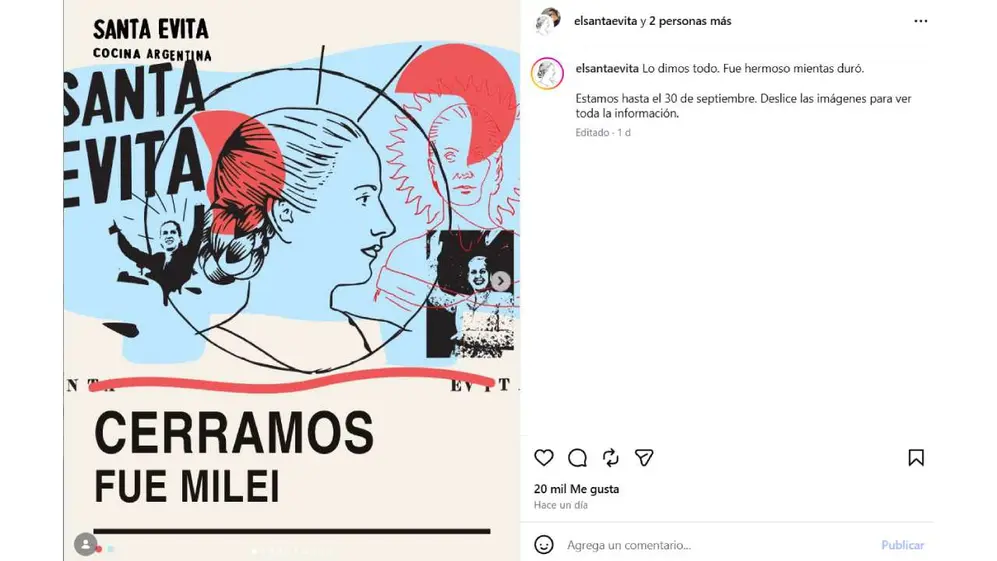 El posteo en redes con el que Santa Evita anunció el cierre del restaurant, culpando a Milei
