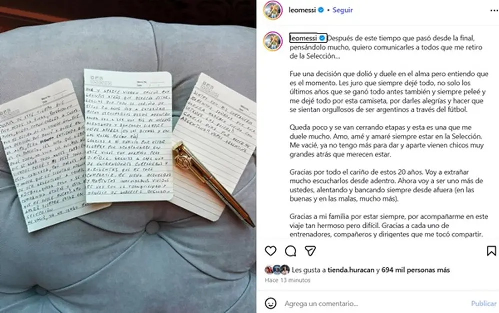 Messi anunció por redes sociales que se retira de la selección Argentina