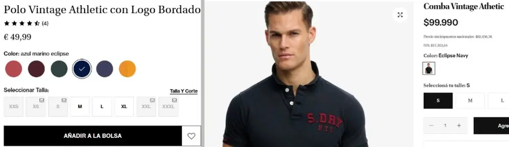 Captura de imagen de las páginas web de Superdry con los precios de una chomba en Argentina y España