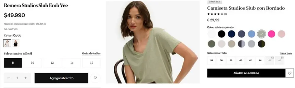 Captura de la página de Superdry, con el precio de una remera en Argentina y España