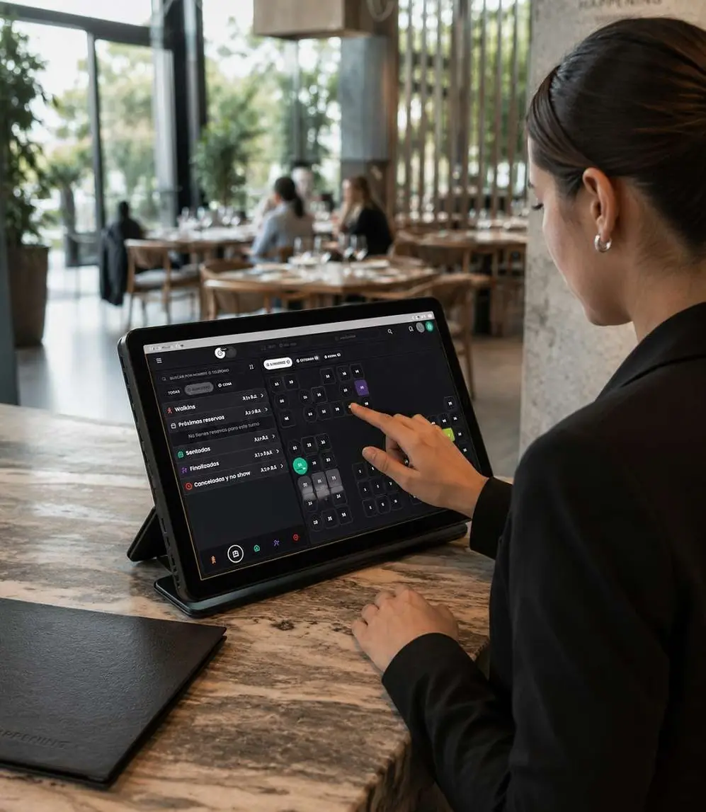Una notebook con la app Woki en la mesa de atención de un restaurante y una mujer manejando la app