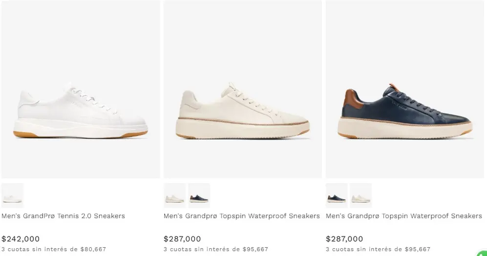 Captura del sitio web de Cole Haan con precios de zapatillas y zapatos